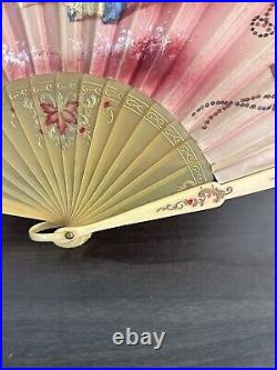 Antique Spanish Silk Hand Painted Folding Fan 1928 WITH BOX & NOTE Victorian
