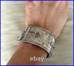 Antique Sterling Silver+ 14K Gold Victorian Wide Hand Etched Cuff Bracelet 43g
