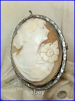 Antique Sterling Silver Cameo Pin Pendant Victorian Hand Carved