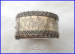 Antique Sterling Silver Victorian Hand Etched Cuff Bracelet 1.25 Wide 45g