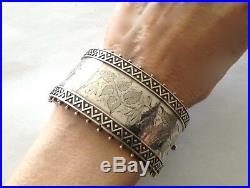 Antique Sterling Silver Victorian Hand Etched Cuff Bracelet 1.25 Wide 45g