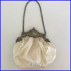Antique Sterling Silver & White Silk Wedding Evening Hand Bag Engraved Cherubs