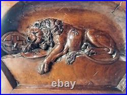 Antique Swiss Hand Carved Lion Of Lucerne Black Forest Walnut Wooden Plaque 1890