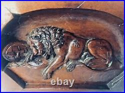 Antique Swiss Hand Carved Lion Of Lucerne Black Forest Walnut Wooden Plaque 1890