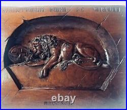 Antique Swiss Hand Carved Lion Of Lucerne Black Forest Walnut Wooden Plaque 1890