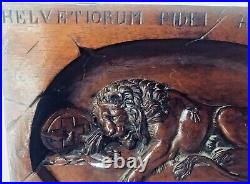 Antique Swiss Hand Carved Lion Of Lucerne Black Forest Walnut Wooden Plaque 1890