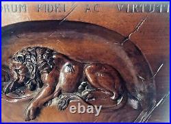 Antique Swiss Hand Carved Lion Of Lucerne Black Forest Walnut Wooden Plaque 1890