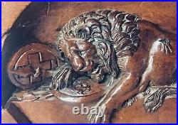 Antique Swiss Hand Carved Lion Of Lucerne Black Forest Walnut Wooden Plaque 1890