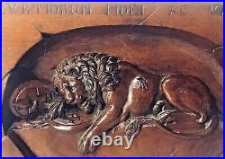 Antique Swiss Hand Carved Lion Of Lucerne Black Forest Walnut Wooden Plaque 1890