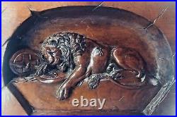 Antique Swiss Hand Carved Lion Of Lucerne Black Forest Walnut Wooden Plaque 1890