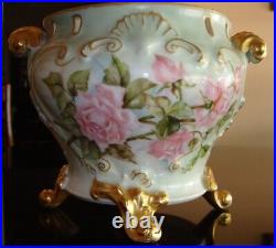 Antique Unmarked Limoges Hand Painted Vase Jardiniere Planter Centerpiece, Roses