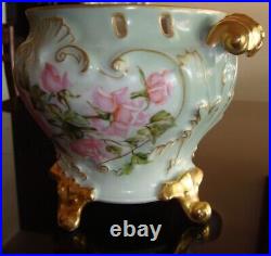 Antique Unmarked Limoges Hand Painted Vase Jardiniere Planter Centerpiece, Roses