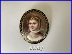 Antique Unusual Queen Louise Hand Painted Oval Porcelain Black Enamel Frame