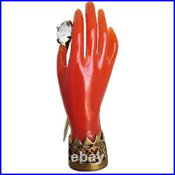 Antique VICTORIAN C1890 Early Plastic Coral Coloured JEWELED HAND BROOCH