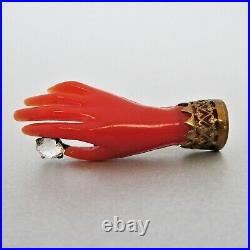 Antique VICTORIAN C1890 Early Plastic Coral Coloured JEWELED HAND BROOCH