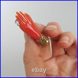 Antique VICTORIAN C1890 Early Plastic Coral Coloured JEWELED HAND BROOCH
