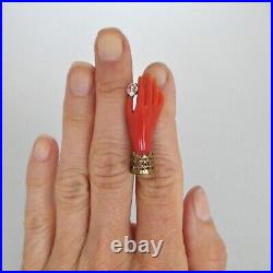 Antique VICTORIAN C1890 Early Plastic Coral Coloured JEWELED HAND BROOCH