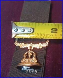 Antique VICTORIAN Carved Cameo WATCH Black Ribbon FOB GF Goldfilled Dog Clip