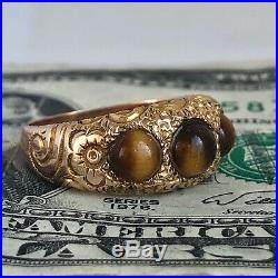 Antique VICTORIAN Hand Engraved 14K RING+Tiger Eye-Women's Sz 7 1/4-EX! -5.3g