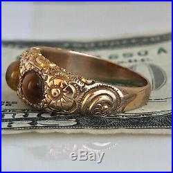 Antique VICTORIAN Hand Engraved 14K RING+Tiger Eye-Women's Sz 7 1/4-EX! -5.3g