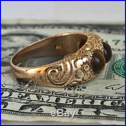 Antique VICTORIAN Hand Engraved 14K RING+Tiger Eye-Women's Sz 7 1/4-EX! -5.3g