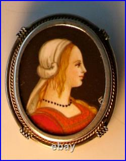 Antique VICTORIAN Hand Painted CAMEO Portrait PAINTING Pin PENDANT 800 Silver