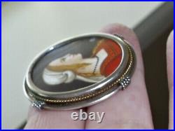 Antique VICTORIAN Hand Painted CAMEO Portrait PAINTING Pin PENDANT 800 Silver
