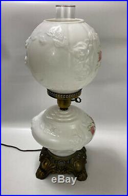 Antique VICTORIAN Hand-Painted Floral Electric Double Globe Lamp Milk Glass 21.5