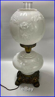 Antique VICTORIAN Hand-Painted Floral Electric Double Globe Lamp Milk Glass 21.5