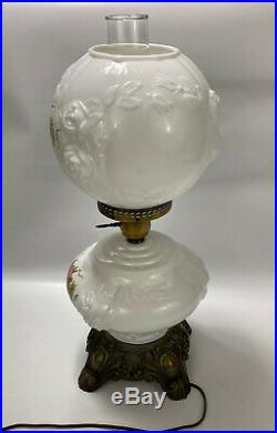 Antique VICTORIAN Hand-Painted Floral Electric Double Globe Lamp Milk Glass 21.5