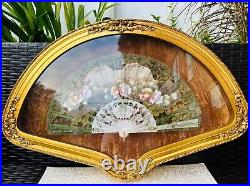 Antique VICTORIAN Hand Painted Mother of Pearl Fan with Gilded Frame 19th C, Signed