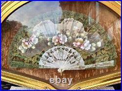 Antique VICTORIAN Hand Painted Mother of Pearl Fan with Gilded Frame 19th C, Signed