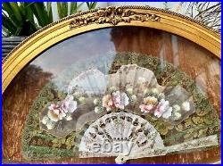 Antique VICTORIAN Hand Painted Mother of Pearl Fan with Gilded Frame 19th C, Signed