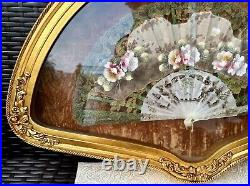 Antique VICTORIAN Hand Painted Mother of Pearl Fan with Gilded Frame 19th C, Signed