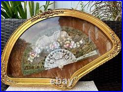 Antique VICTORIAN Hand Painted Mother of Pearl Fan with Gilded Frame 19th C, Signed