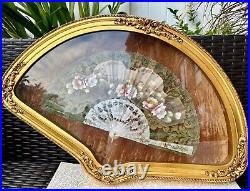 Antique VICTORIAN Hand Painted Mother of Pearl Fan with Gilded Frame 19th C, Signed