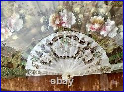 Antique VICTORIAN Hand Painted Mother of Pearl Fan with Gilded Frame 19th C, Signed