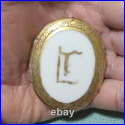 Antique VICTORIAN Lovely Large Hand Painted Porcelain Initial E Gold GILT BROOCH