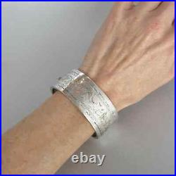 Antique VICTORIAN Sterling Silver & Metal HAND ENGRAVED BELLFLOWER CUFF BANGLE