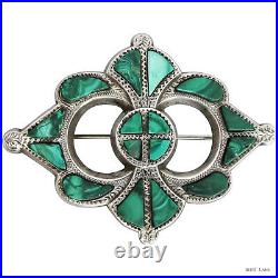 Antique VICTORIAN Sterling Silver Scottish MALACHITE BROOCH Hand Engraved Front