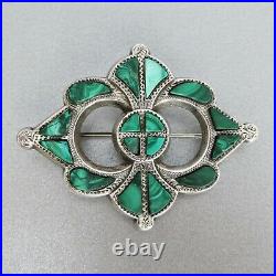 Antique VICTORIAN Sterling Silver Scottish MALACHITE BROOCH Hand Engraved Front