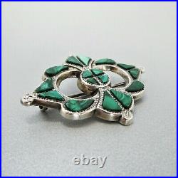 Antique VICTORIAN Sterling Silver Scottish MALACHITE BROOCH Hand Engraved Front