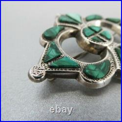 Antique VICTORIAN Sterling Silver Scottish MALACHITE BROOCH Hand Engraved Front