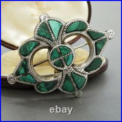 Antique VICTORIAN Sterling Silver Scottish MALACHITE BROOCH Hand Engraved Front