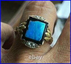 Antique Victorian 10K GOLD HAND WROUGHT FIRE OPAL ONYX AND SEED PEARL RING