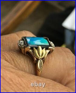 Antique Victorian 10K GOLD HAND WROUGHT FIRE OPAL ONYX AND SEED PEARL RING