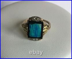 Antique Victorian 10K GOLD HAND WROUGHT FIRE OPAL ONYX AND SEED PEARL RING