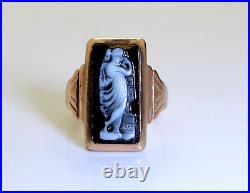 Antique Victorian 10K Gold Black Agate Hand Carved Angelic Figure Ring, Size3.25