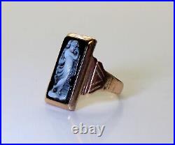 Antique Victorian 10K Gold Black Agate Hand Carved Angelic Figure Ring, Size3.25