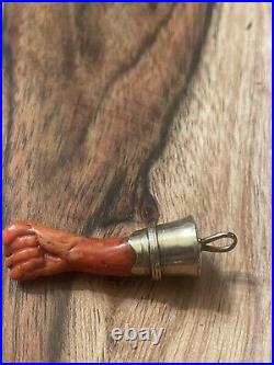 Antique Victorian 10K Gold Carved Coral Mano Figa Fist Hand Charm Pendant 5 Gram